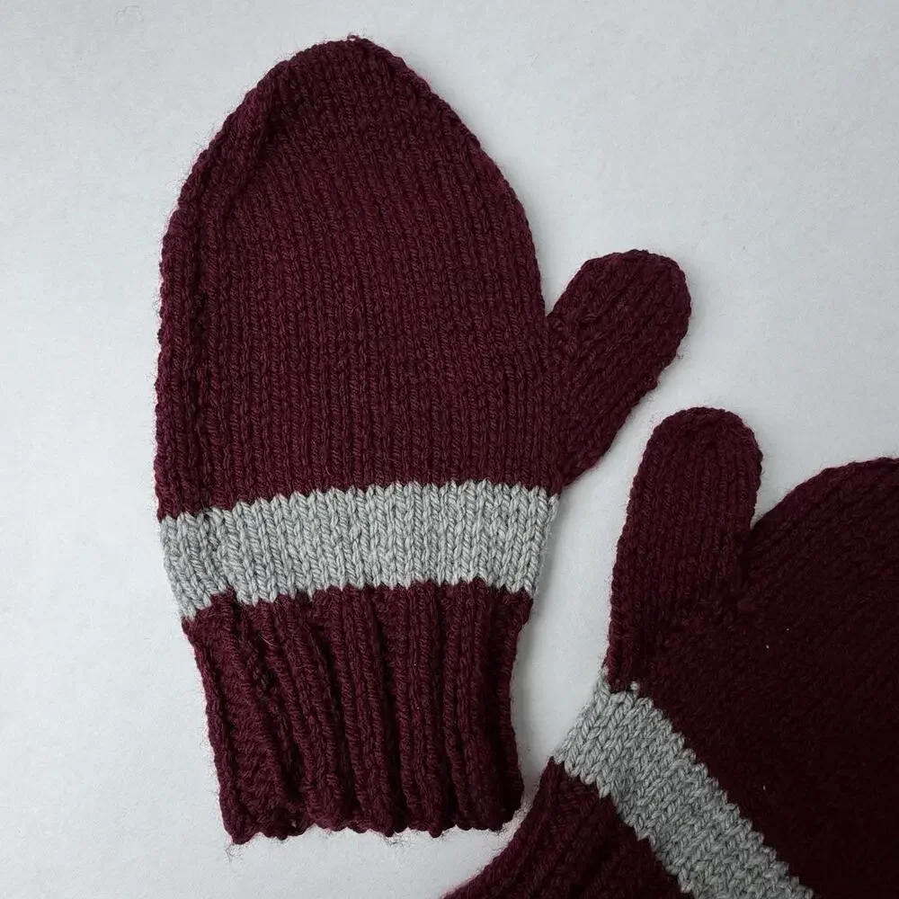 Hand Knit Mittens Burgundy Wine Red‎ Gray Stripe Adult 10”x5”